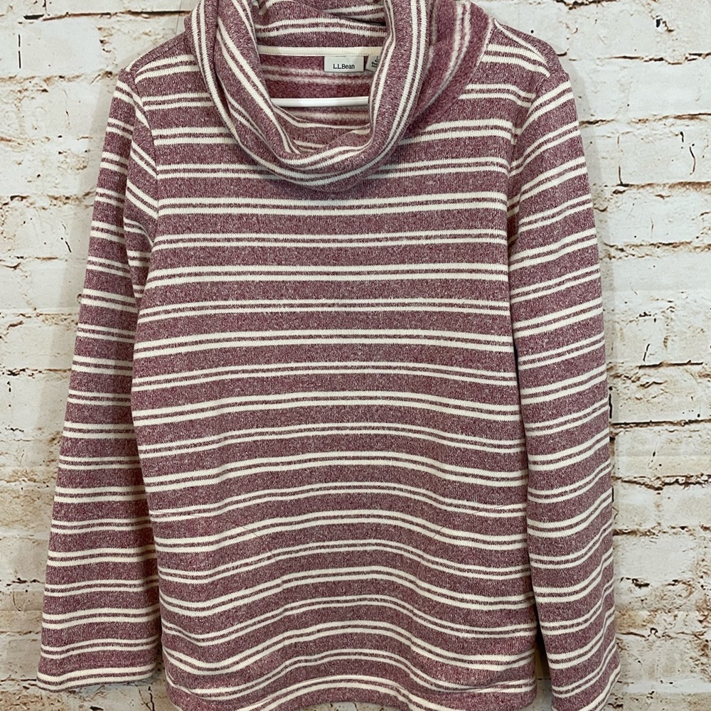L.L. Bean Rose and Cream Striped Fleece Cowl Neck Sweater With Front Pocket